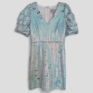 NWT Adelyn Rae Mini Karris V-Neck Dress Sequin Puff Sleeves Iridescent Sz Small
